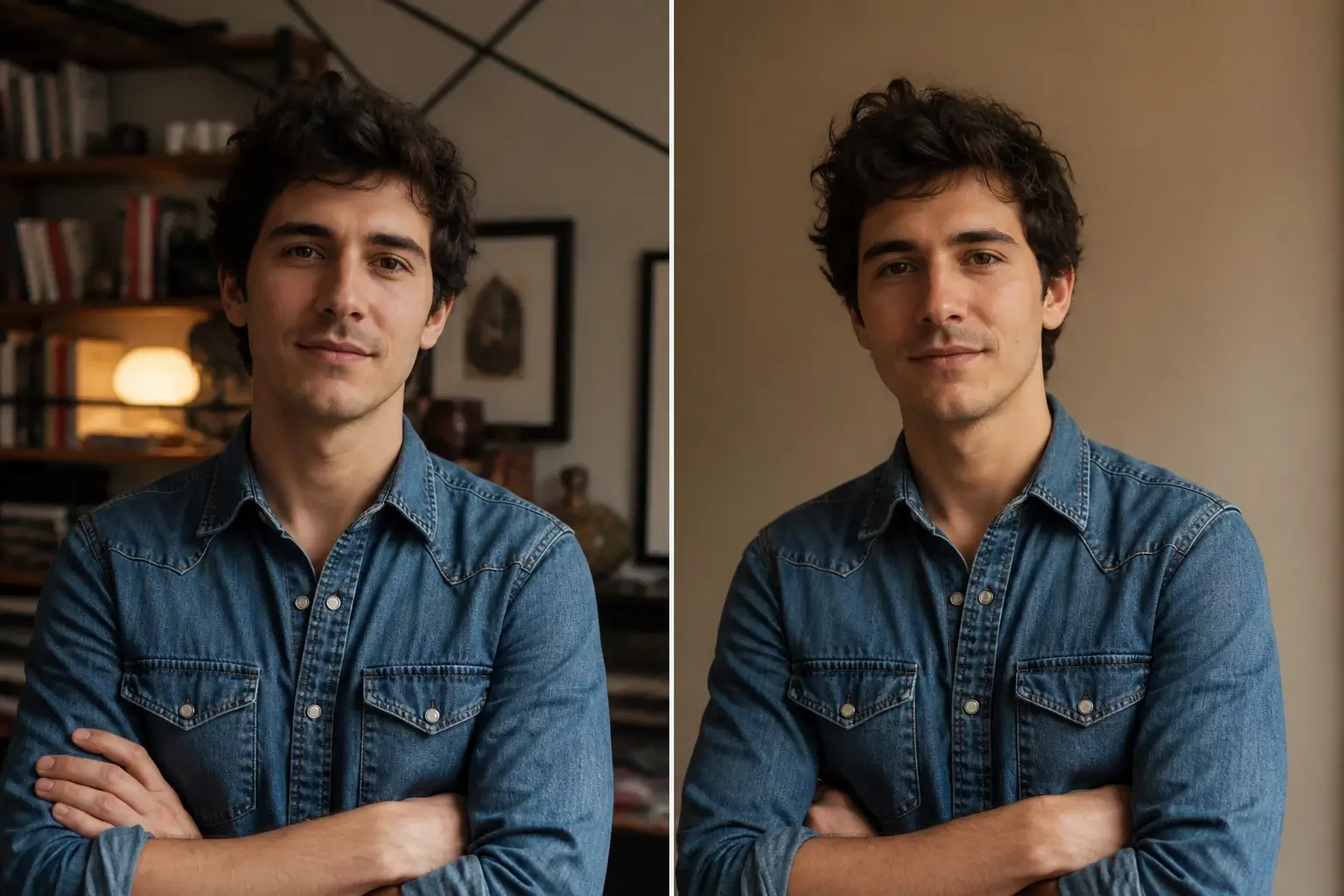 The same synthetic adult man in front of a cluttered busy background beside the same man one step to the side against a clean softly blurred wall