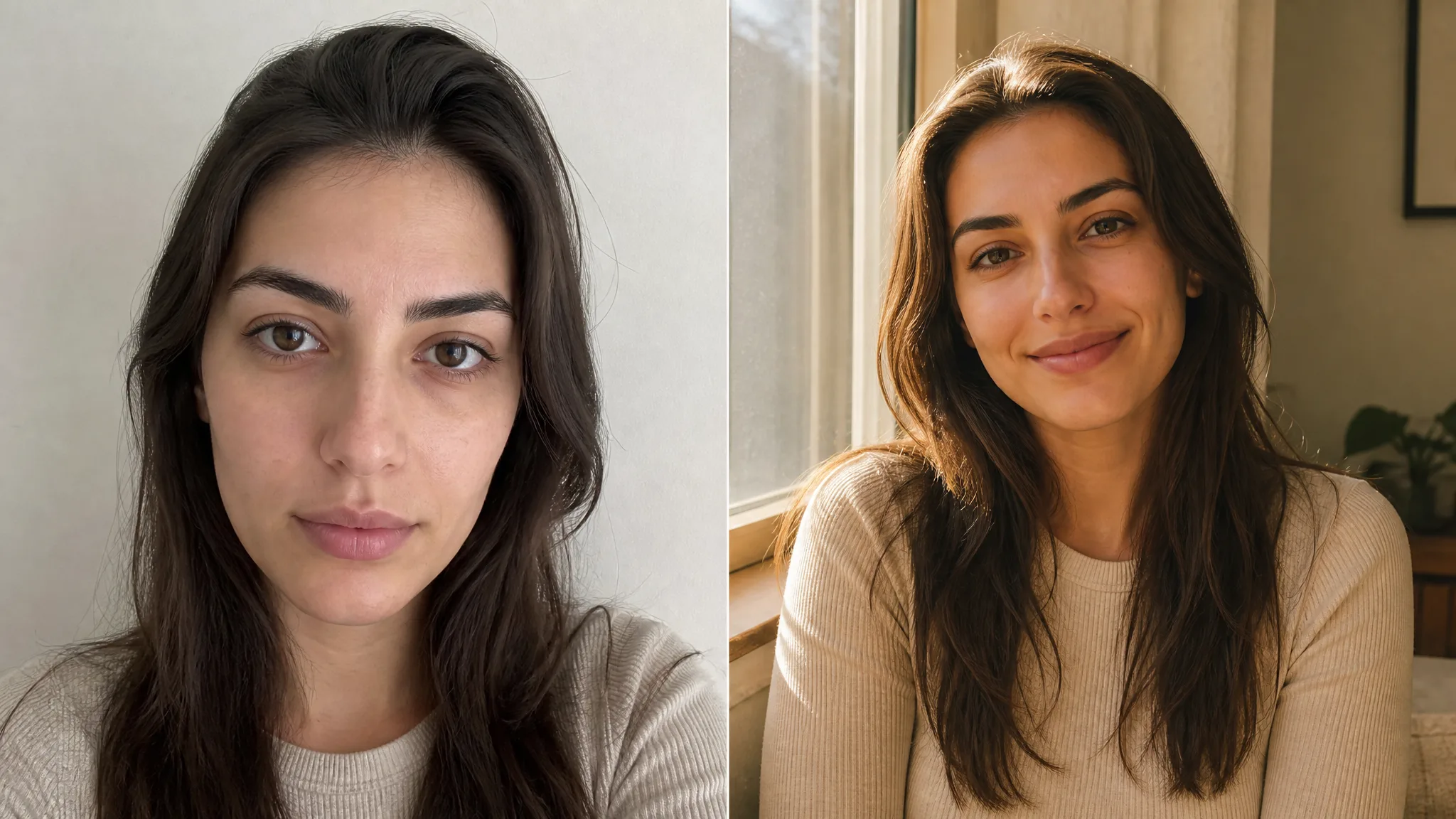 The same synthetic woman in a flat indoor selfie versus the same person with warm window light and a relaxed smile